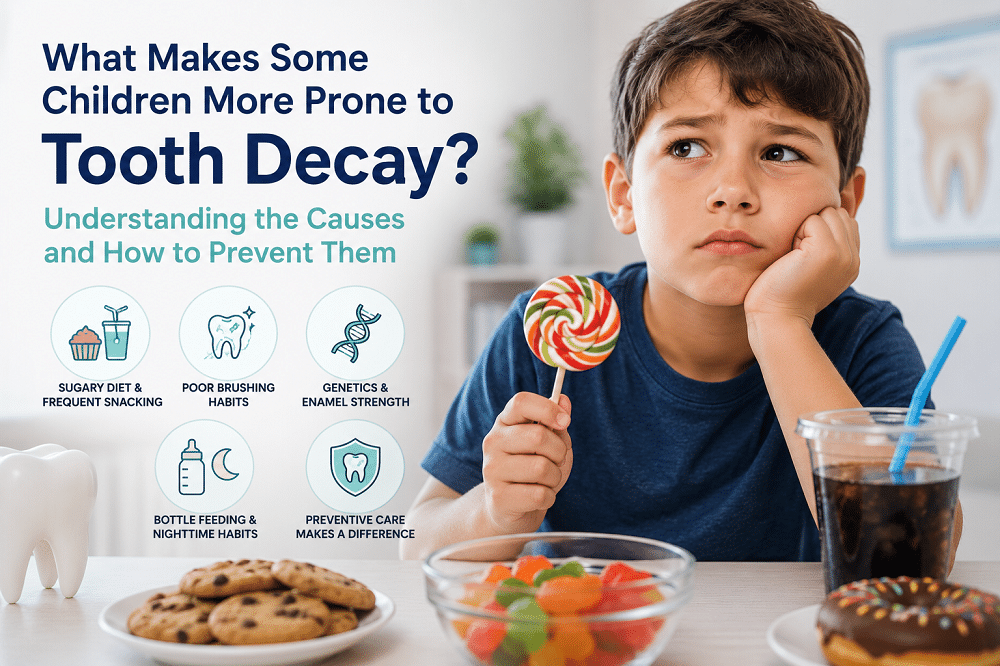 Child with a lollipop and sugary snacks illustrating common causes of tooth decay in children, including diet, oral hygiene, genetics, and nighttime feeding habits.